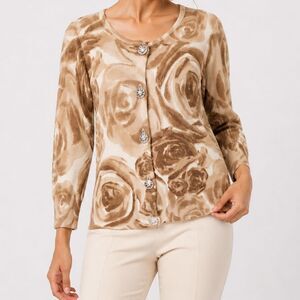 Chaus Silk Angora Blend Cardigan Sweater Sz L Brown Rose Print Crystal Buttons